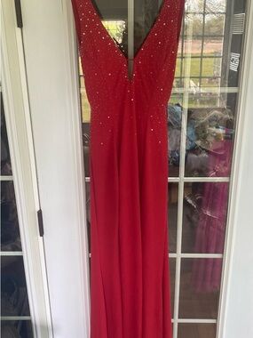 Niki Lavis Red V-Neck Plunging Back Evening Gown with Crystal Accents. Gorgeous!